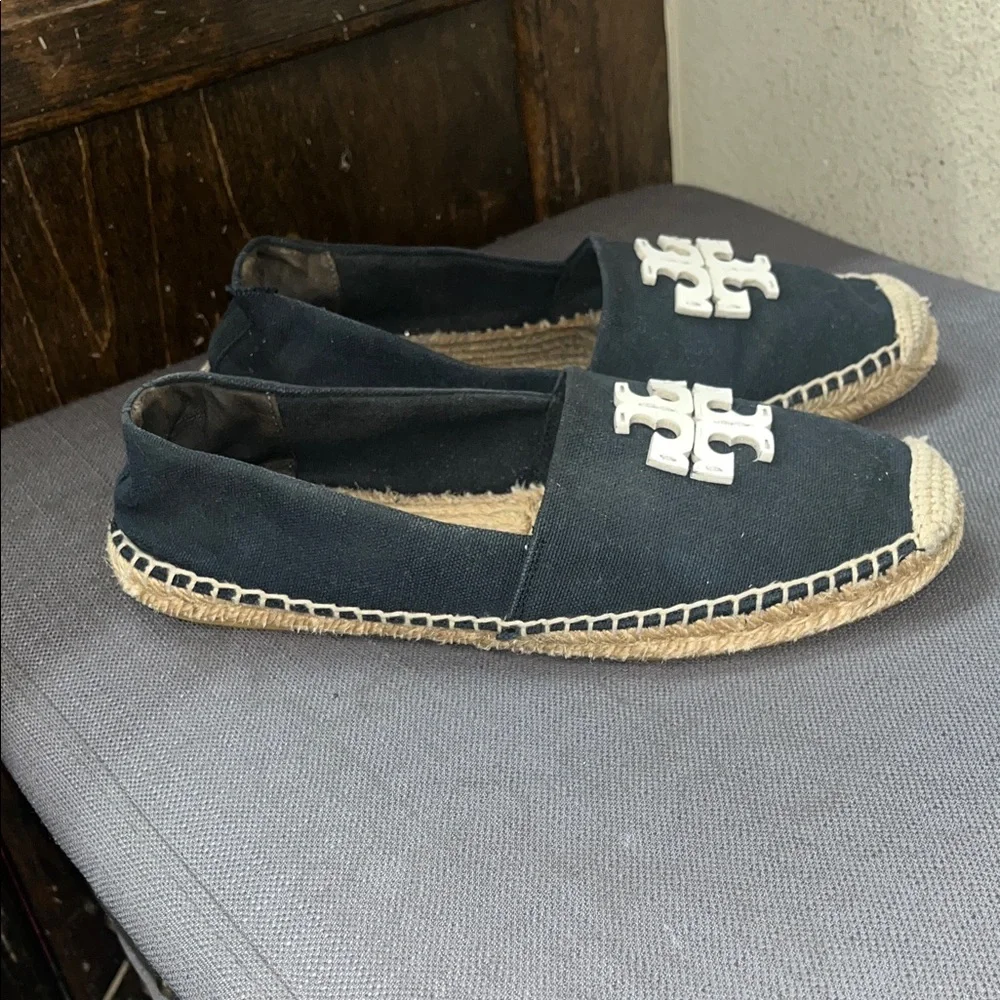 Tory Burch midnight blue Canvas Espadrille Flats with White Logo